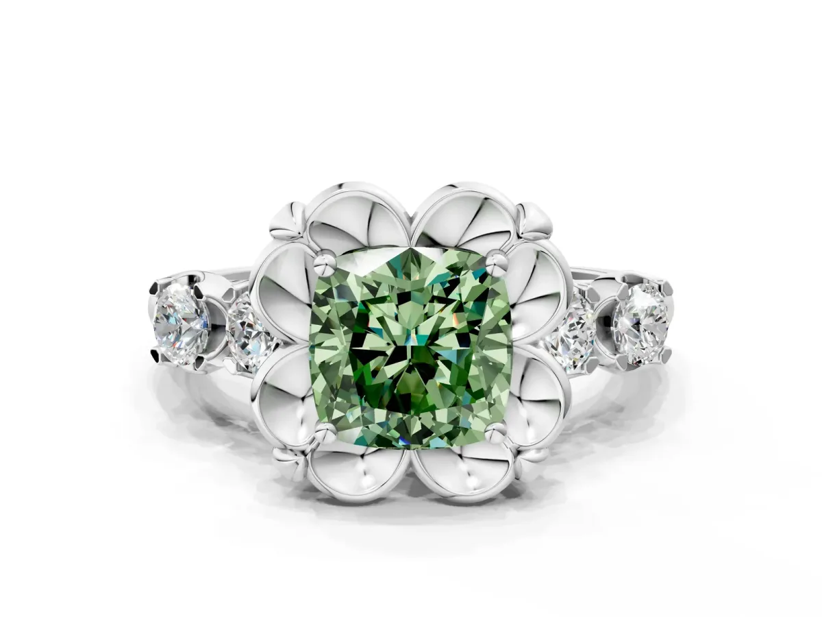 Fancy Green Cushion Cut Cut Diamond Floral Halo Engagement Ring with Shared Prong Setting Silver