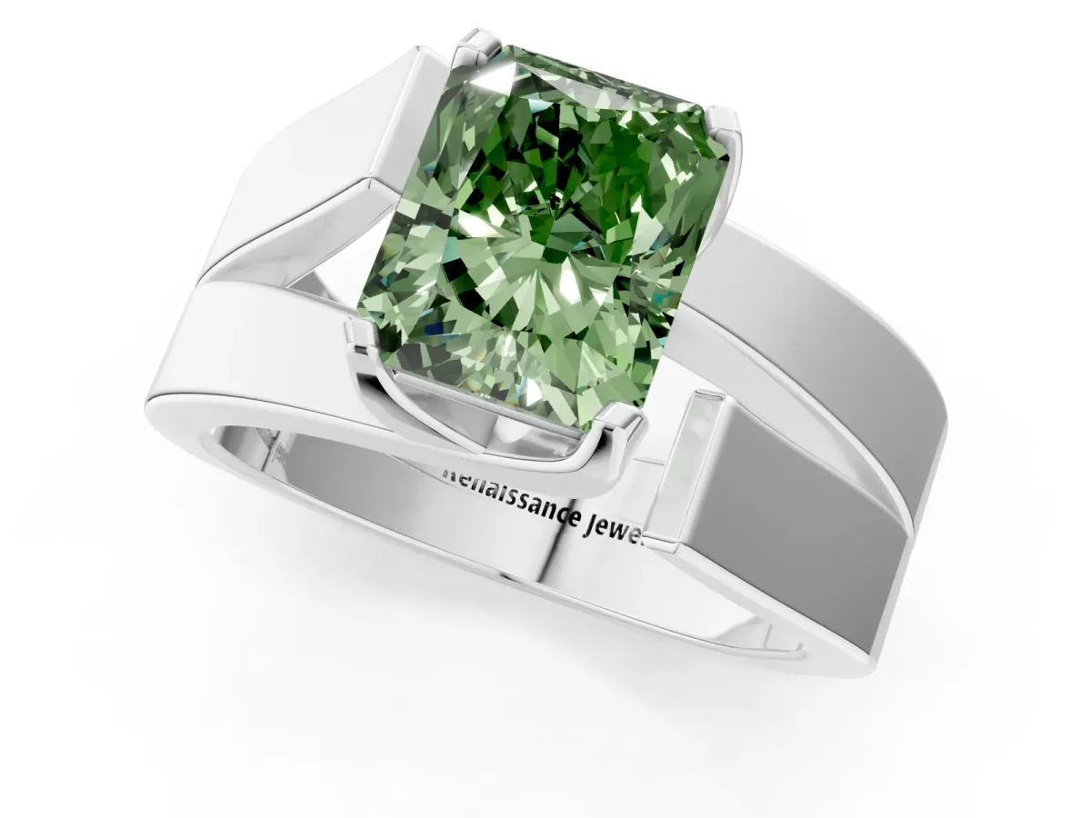 Fancy Green Modern Tension Set Radiant Cut Diamond Solitaire Wide Band Ring Silver