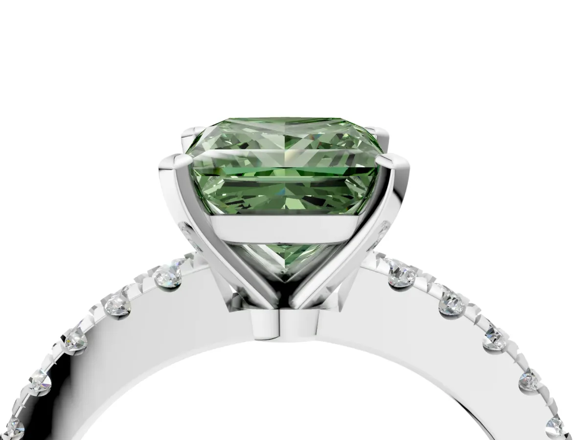Fancy Green Princess Cut Solitaire Diamond with Pavé Band and Four-Prong Setting Silver