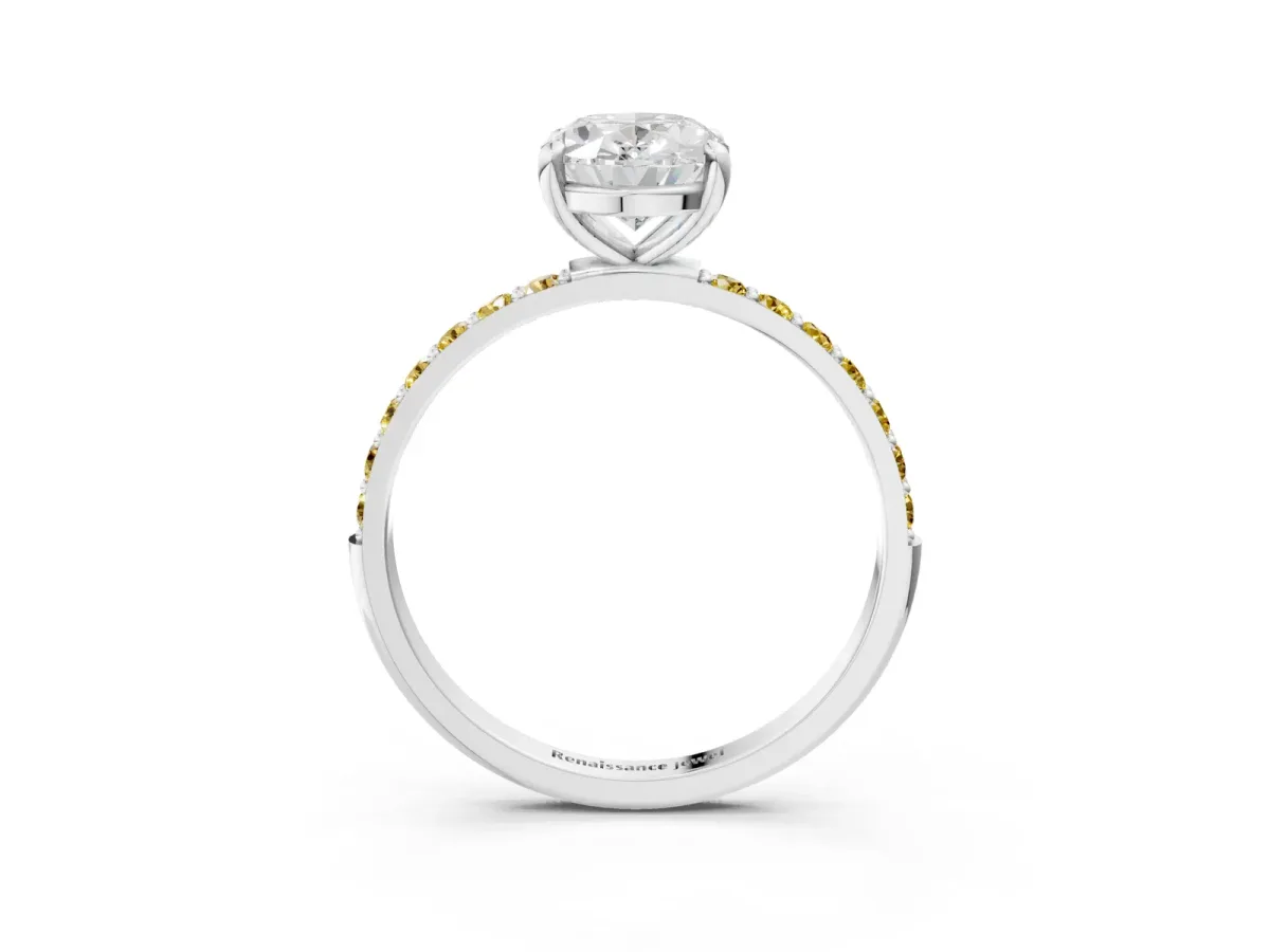 Oval Cut Diamond Solitaire Ring with Round Yellow Sapphire Pavé Band and Prong Setting Silver