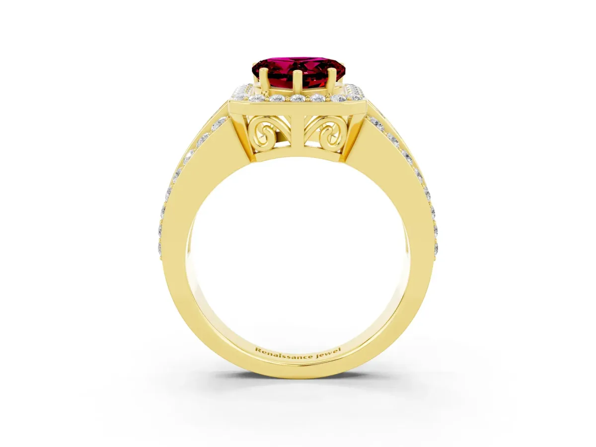 Heart Cut Halo Garnet Ring with Round Split Shank and Prong Setting Yellow gold