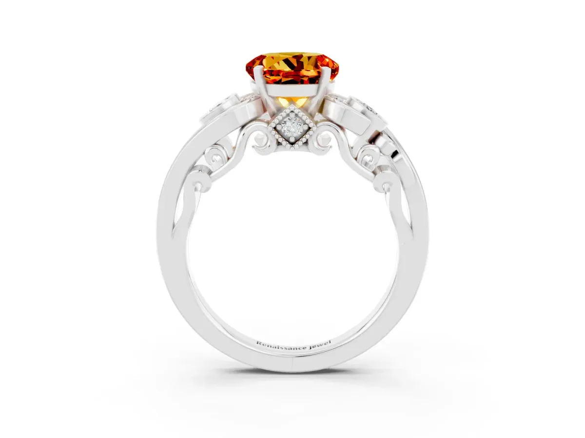 Round Cut Citrine Solitaire Ring with Milgrain Pavé Band and Four-Prong Setting Silver