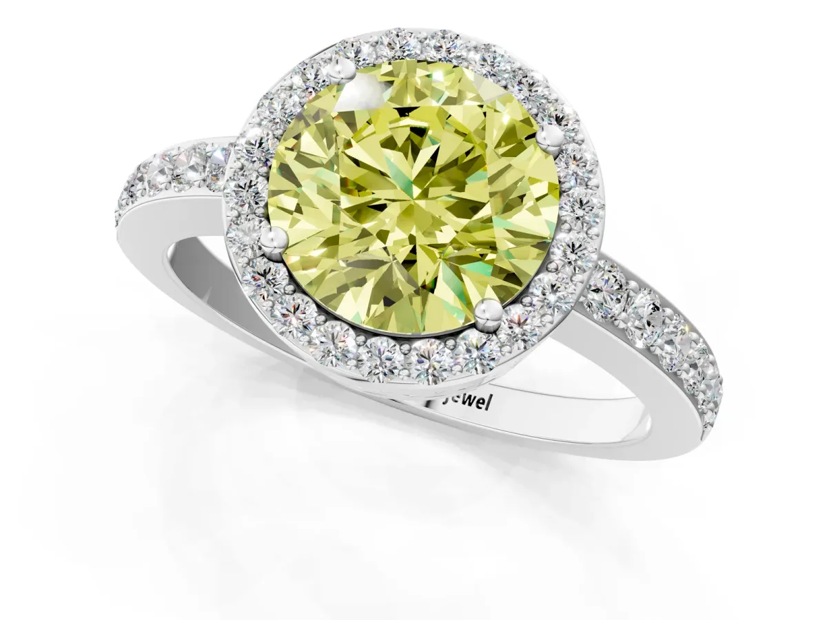 Fancy Yellow Round Cut Halo Diamond Pavé Band Ring with Prong Setting Platinum