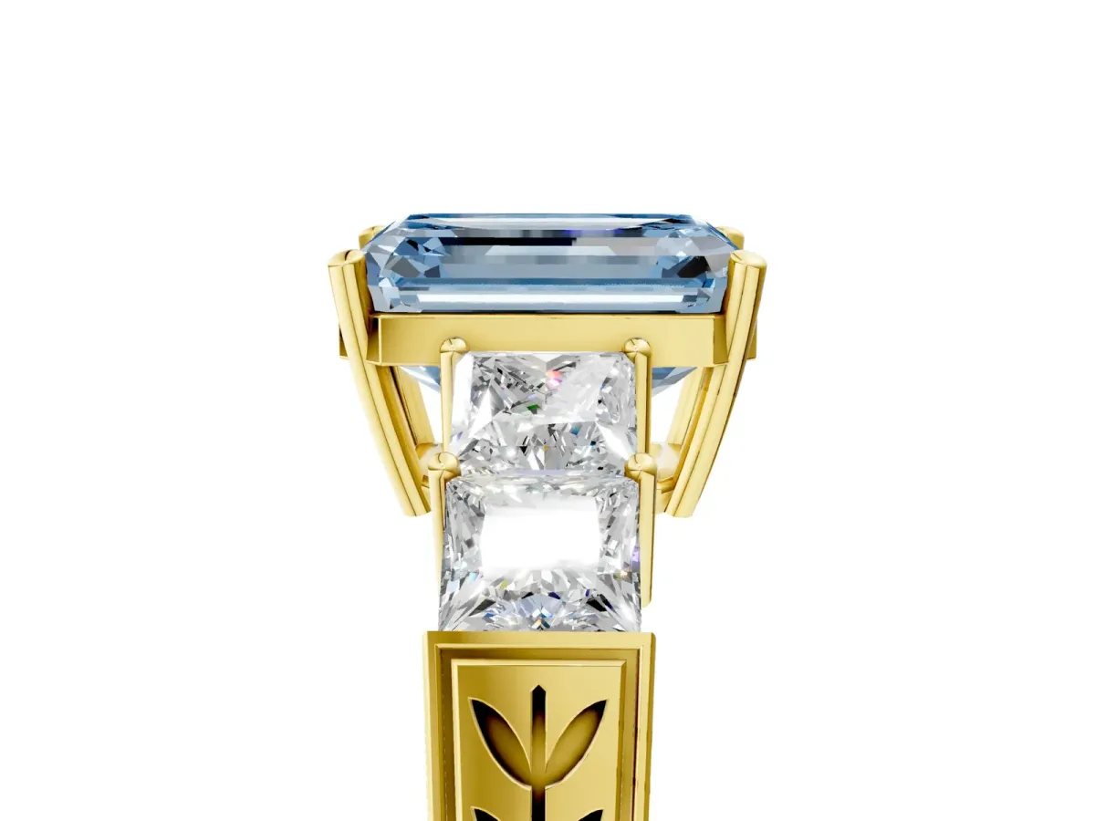 Fancy Blue Emerald Cut Solitaire Princess Side Stone Engraved Band Prong Setting Ring Yellow gold