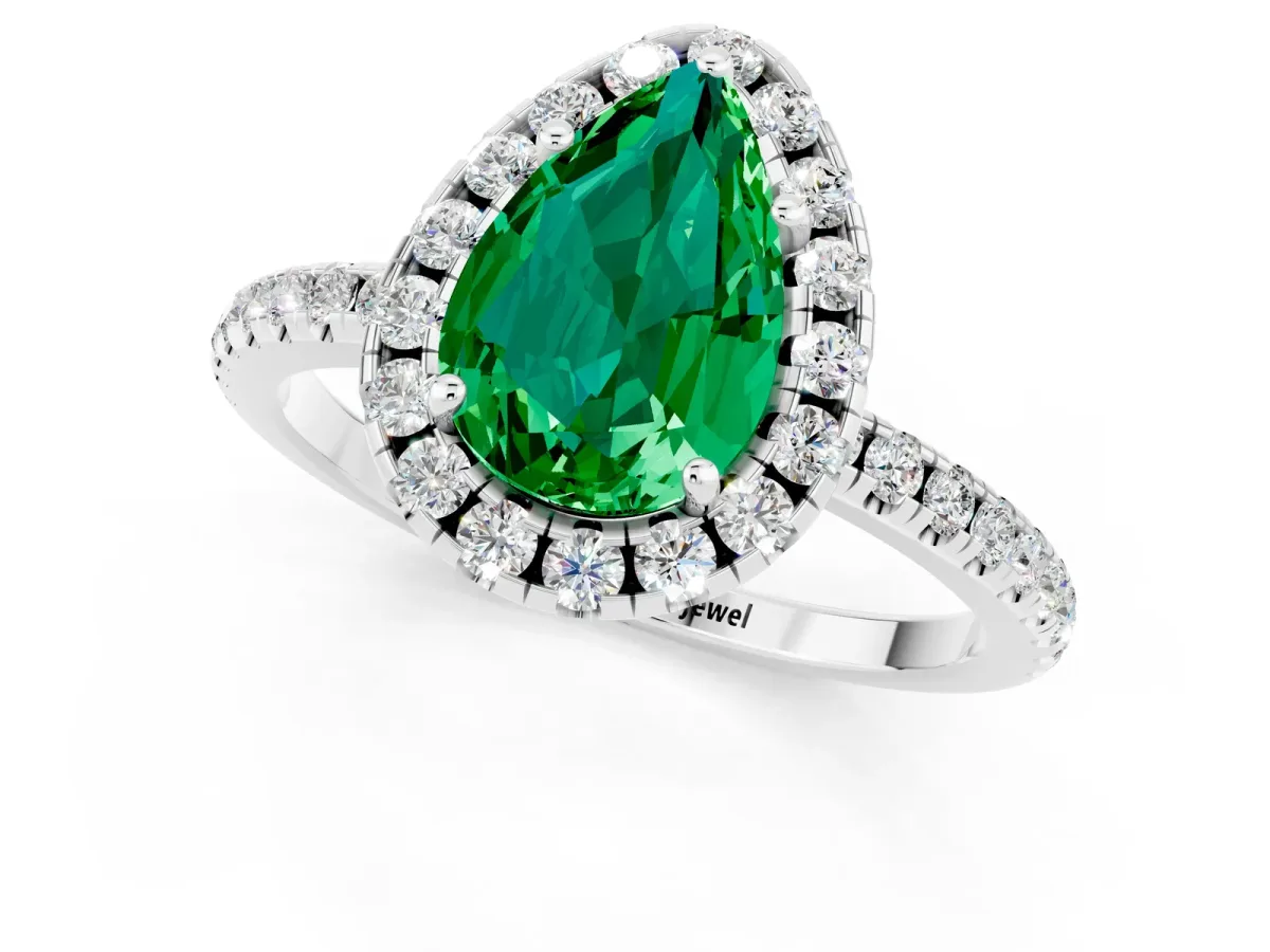 Pear Cut Emerald Halo Ring with Round Pavé Band and Prong Setting Platinum