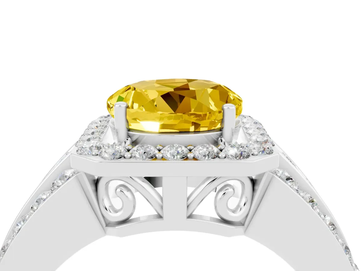 Round Cut Halo Yellow Sapphire Ring with Round Split Shank and Prong Setting Platinum