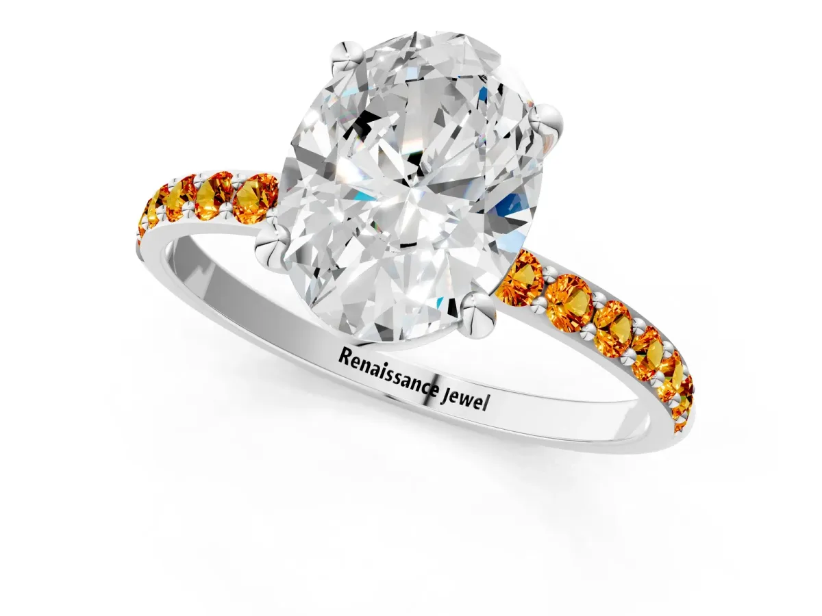Oval Cut Diamond Solitaire Ring with Round Citrine Pavé Band and Prong Setting Silver