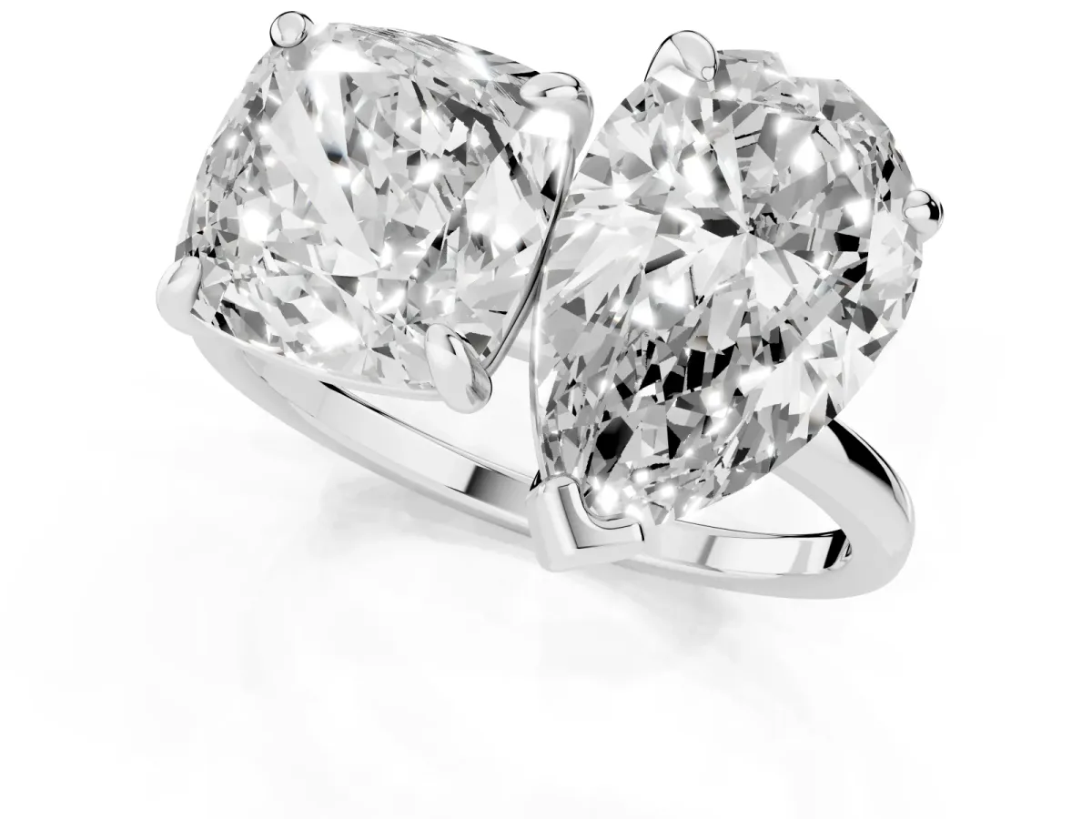 Pear and Cushion Toi Moi Ring with Prong Setting and Plain Band Silver