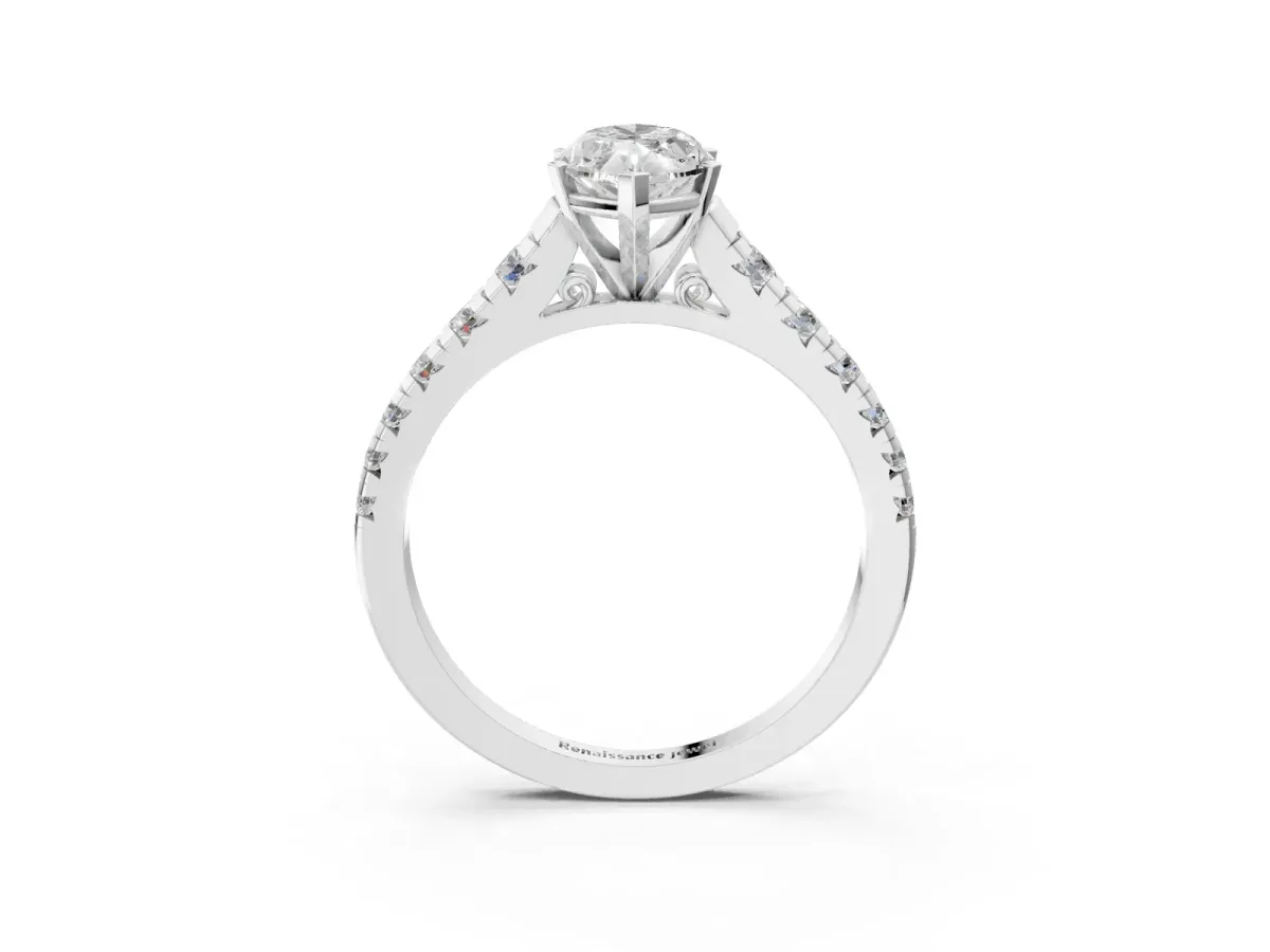Marquise Cut Diamond Cathedral Solitaire Ring with Round Pavé Band Silver