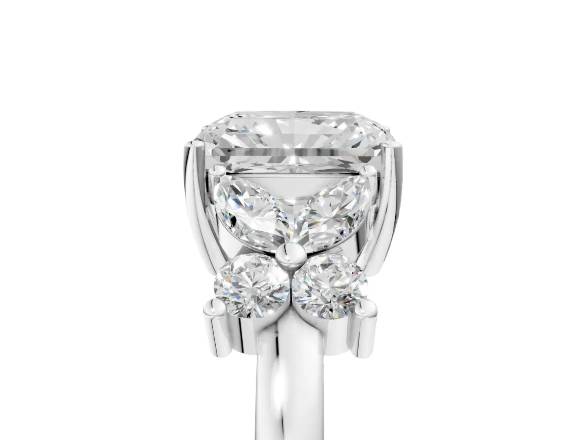 Radiant Cut Diamond Floral Cluster Ring with Solitaire Band and Prong Setting Platinum