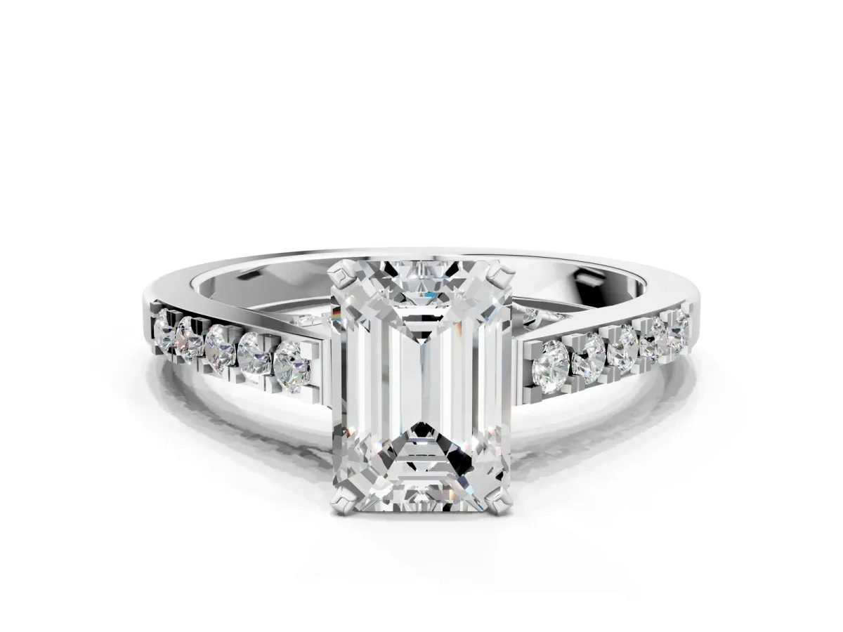 Emerald Cut Diamond Solitaire Ring with Crossover Gallery and Round Pavé Band Platinum