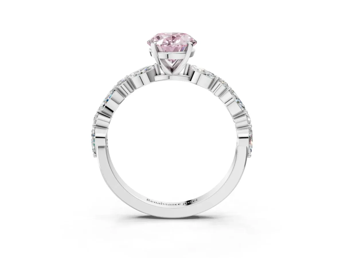 Fancy Pink Oval Cut Diamond Ring with Marquise and Round Side Stones and Four-Prong Setting Silver