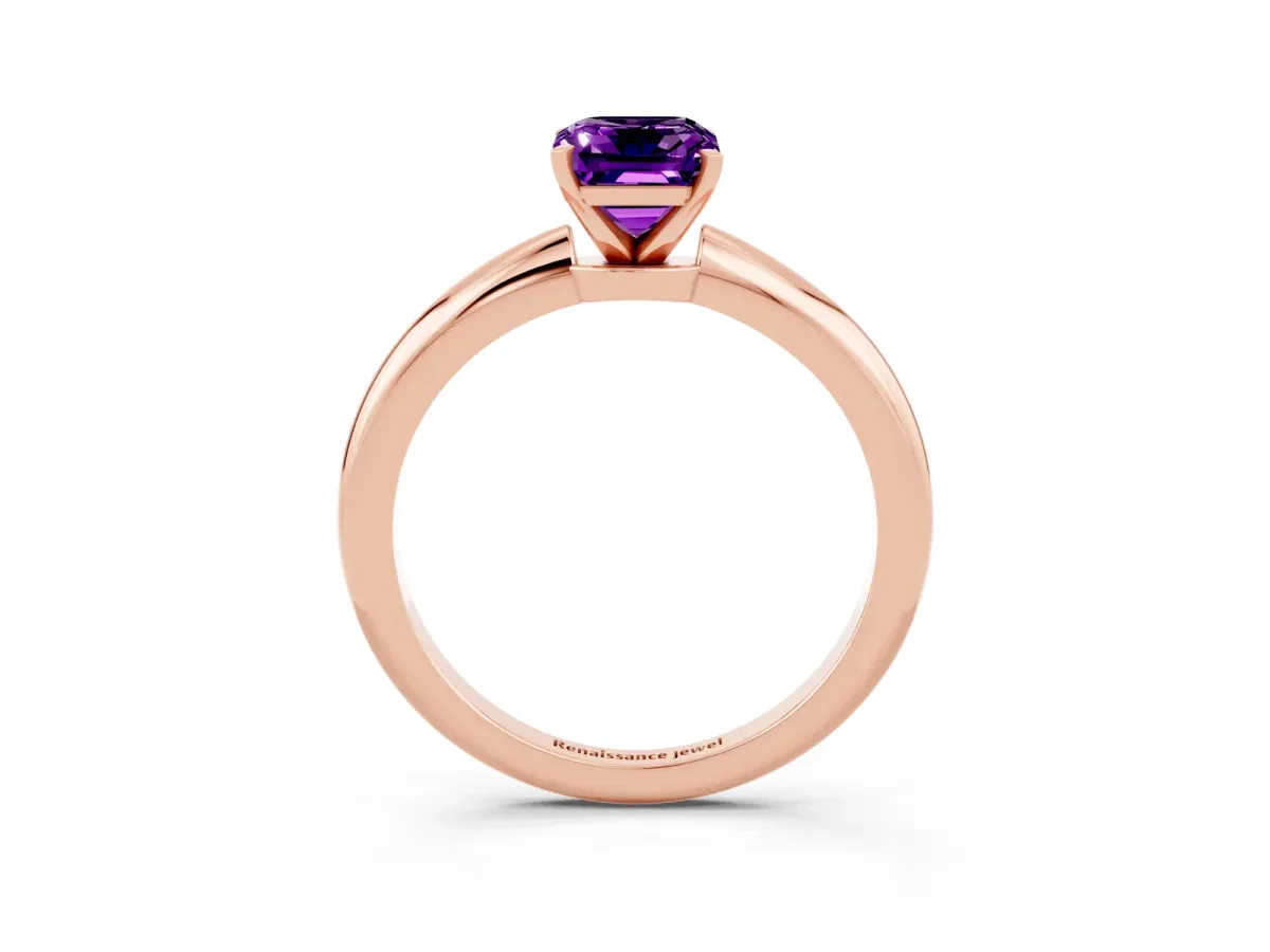 Emerald Cut Amethyst Solitaire Ring with Six-Prong Setting and Classic Band Rose gold