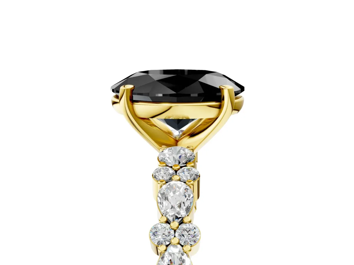 Fancy Black Oval Cut Diamond Side Stone Solitaire Ring with Round and Four-Prong Setting Yellow gold