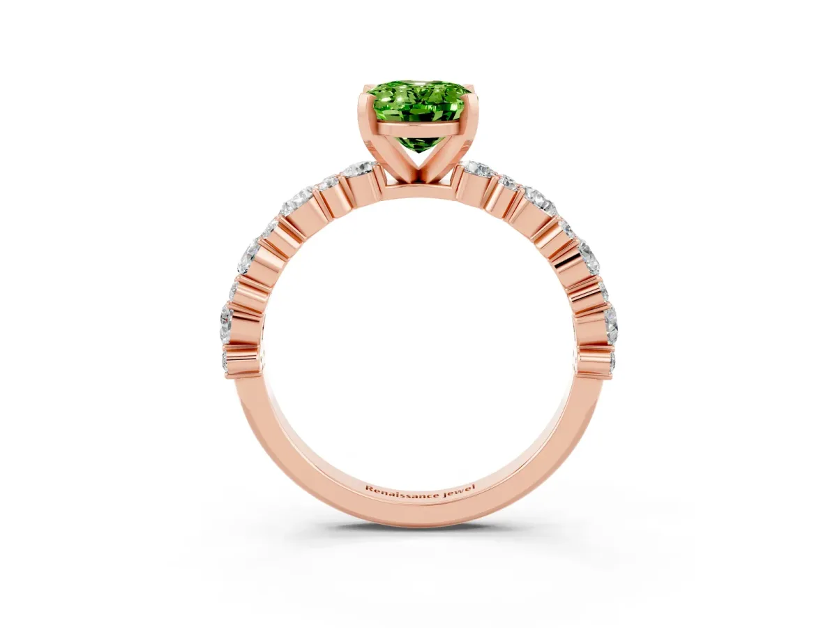Oval Cut Peridot Side Stone Solitaire Ring with Round and Four-Prong Setting Rose gold
