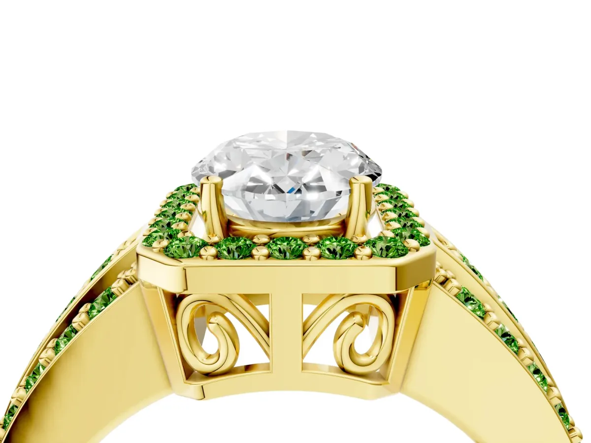 Oval Cut Halo Diamond Ring with Round Peridot Split Shank and Prong Setting Yellow gold