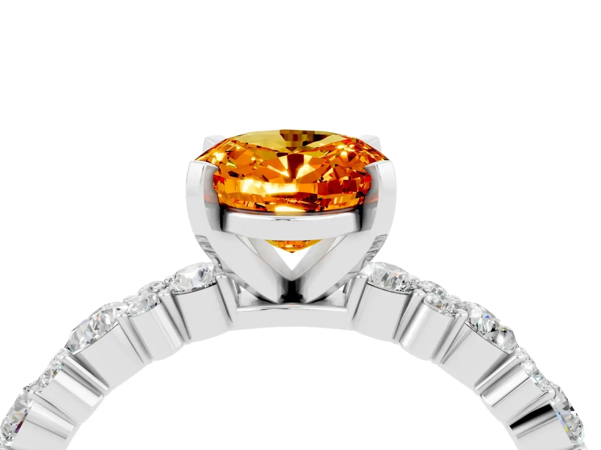 Oval Cut Citrine Side Stone Solitaire Ring with Round and Four-Prong Setting White gold