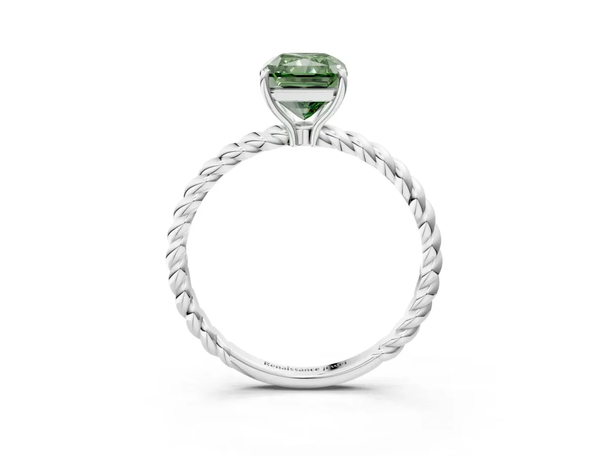 Fancy Green Radiant Cut Solitaire Twisted Band 4-Prong Ring Platinum