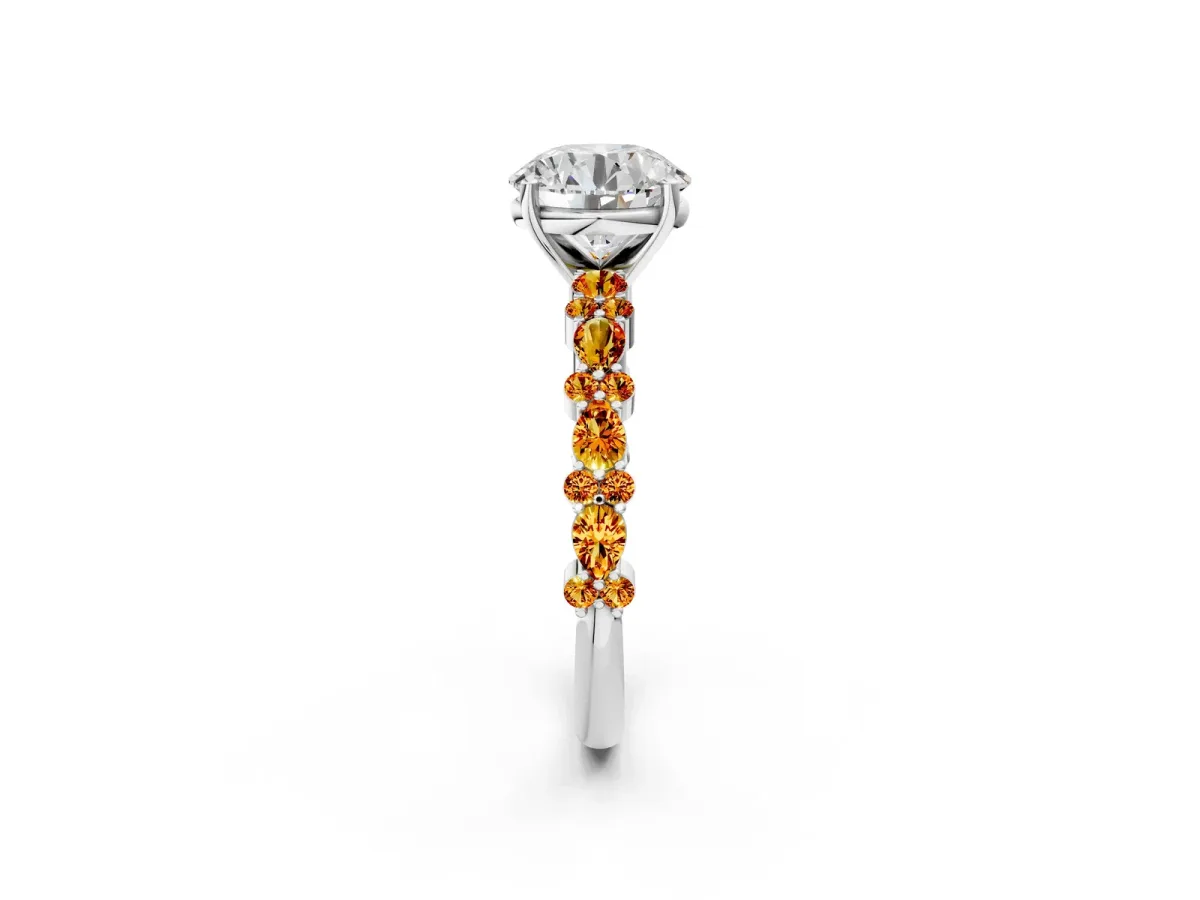 Round Cut Diamond Side Stone Solitaire Ring with Round Citrine and Four-Prong Setting White gold