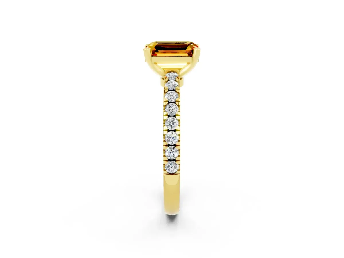Emerald Cut Solitaire Citrine with Pavé Band and Four-Prong Setting Yellow gold