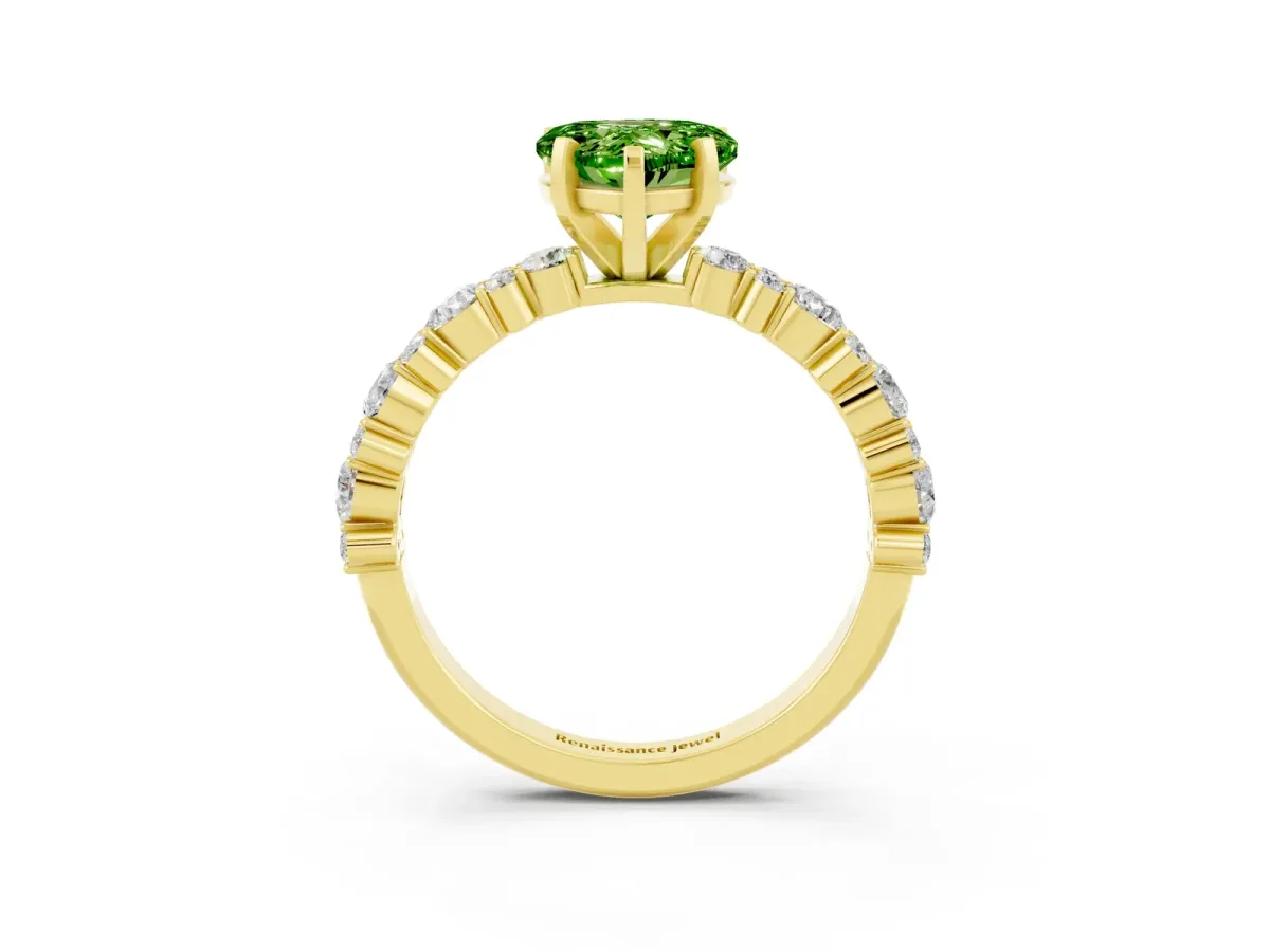 Heart Cut Peridot Side Stone Solitaire Ring with Round and Four-Prong Setting Yellow gold