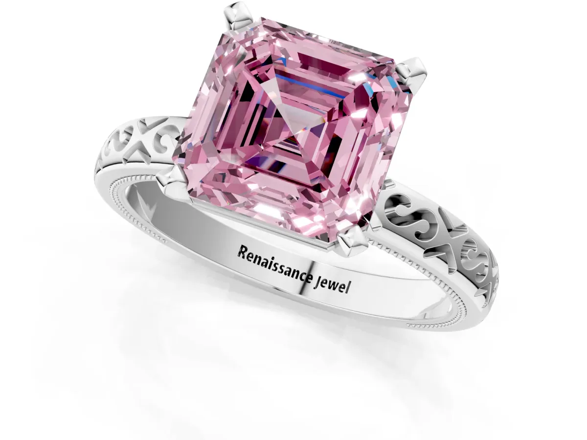 Fancy Pink Asscher Cut Solitaire Engagement Ring with Scrollwork Band and Four-Prong Setting Platinum