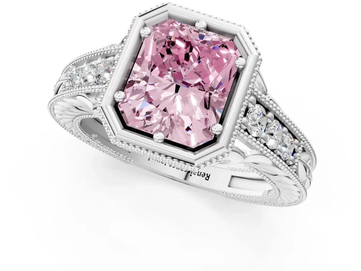 Fancy Pink Bezel Set Radiant Cut Diamond Milgrain Pave Engagement Ring Platinum