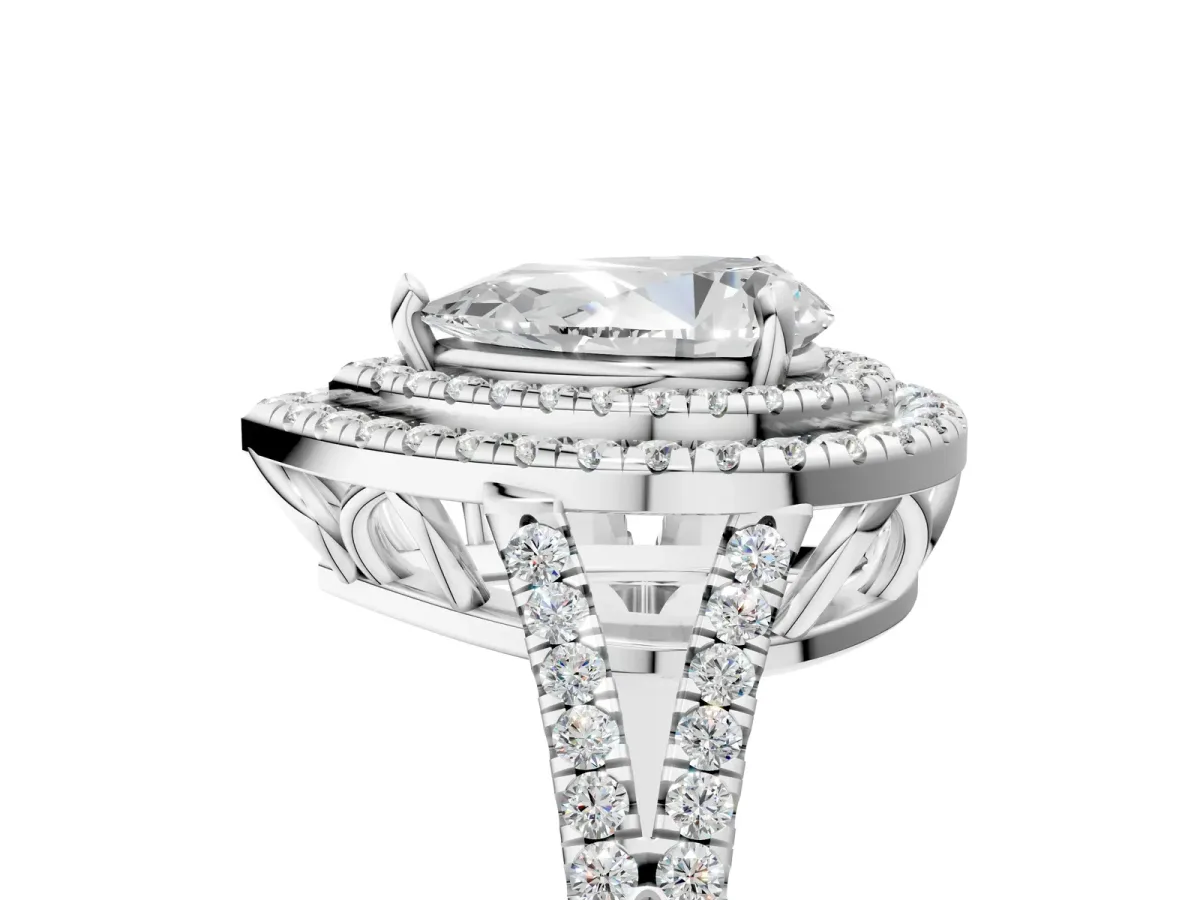 Pear Cut Diamond Double Halo Ring with Pavé Band and Prong Setting Silver