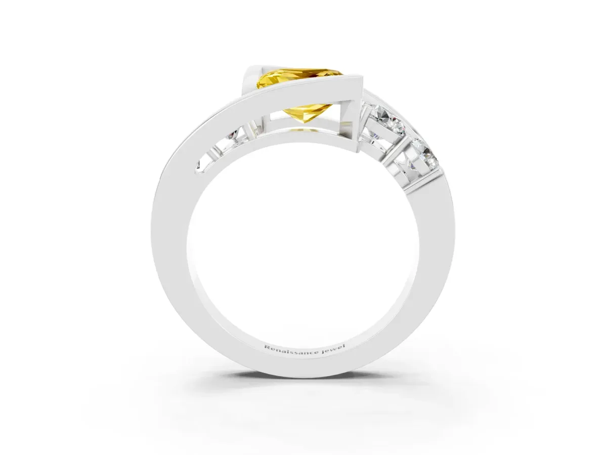 Bezel Set Princess Cut Yellow Sapphire Bypass Ring with Round Accents Silver
