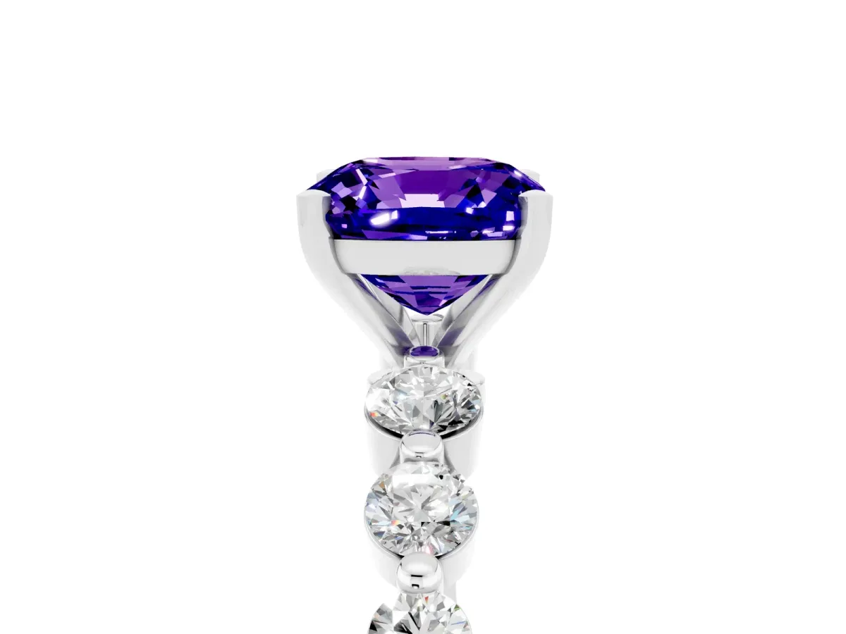 Cushion Cut Solitaire Tanzanite Ring with Pave Band and Four-Prong Setting Silver