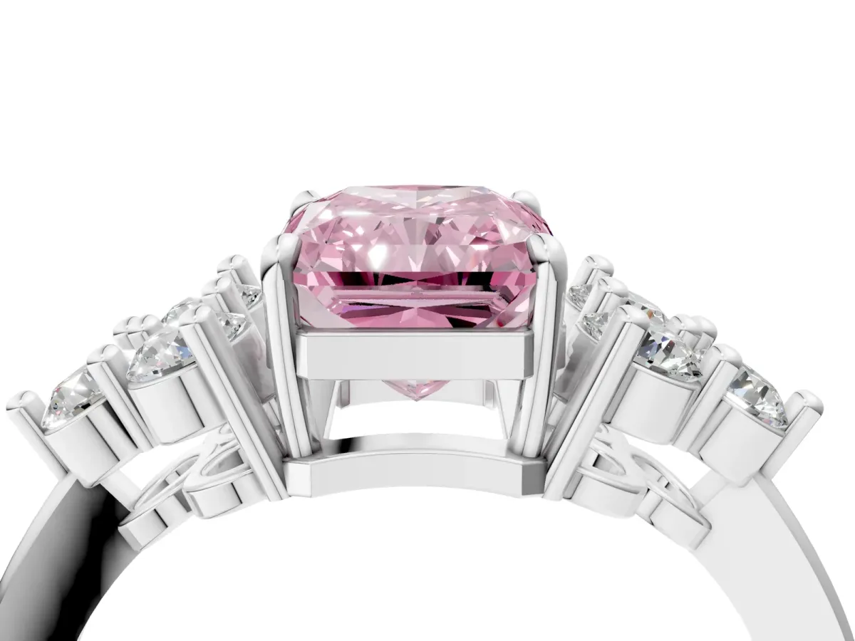 Fancy Pink Radiant Cut Brilliant Diamond Cluster Accent Solitaire Ring with Prong Setting Platinum