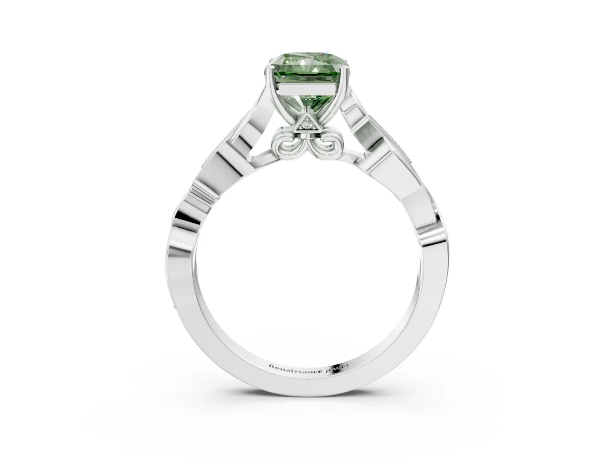 Fancy Green Radiant Cut Solitaire Vine Band with Milgrain Prong Setting Platinum