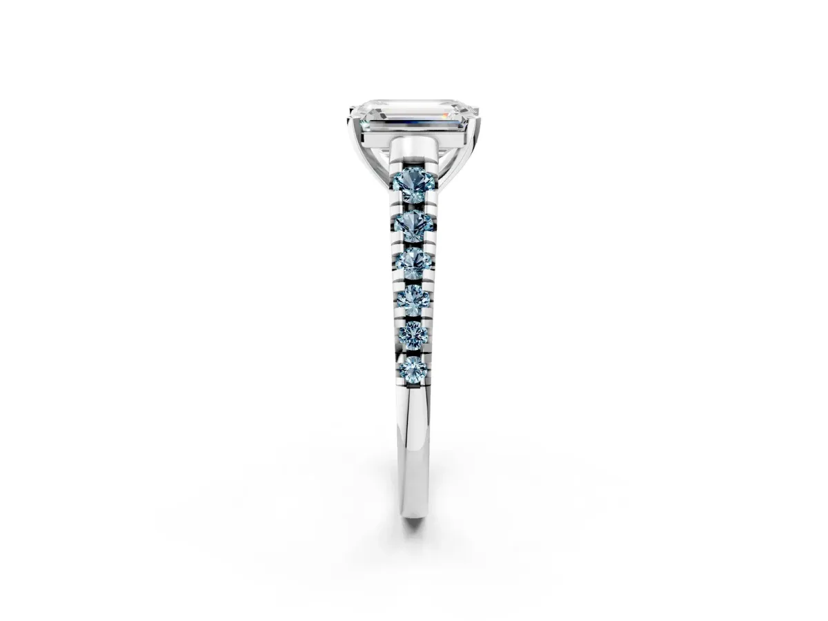Emerald Cut Diamond Cathedral Solitaire Ring with Round Aquamarine Pavé Band Silver