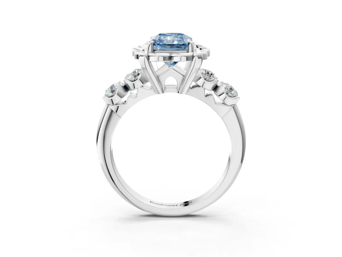 Fancy Blue Radiant Cut Cut Diamond Floral Halo Engagement Ring with Shared Prong Setting Silver
