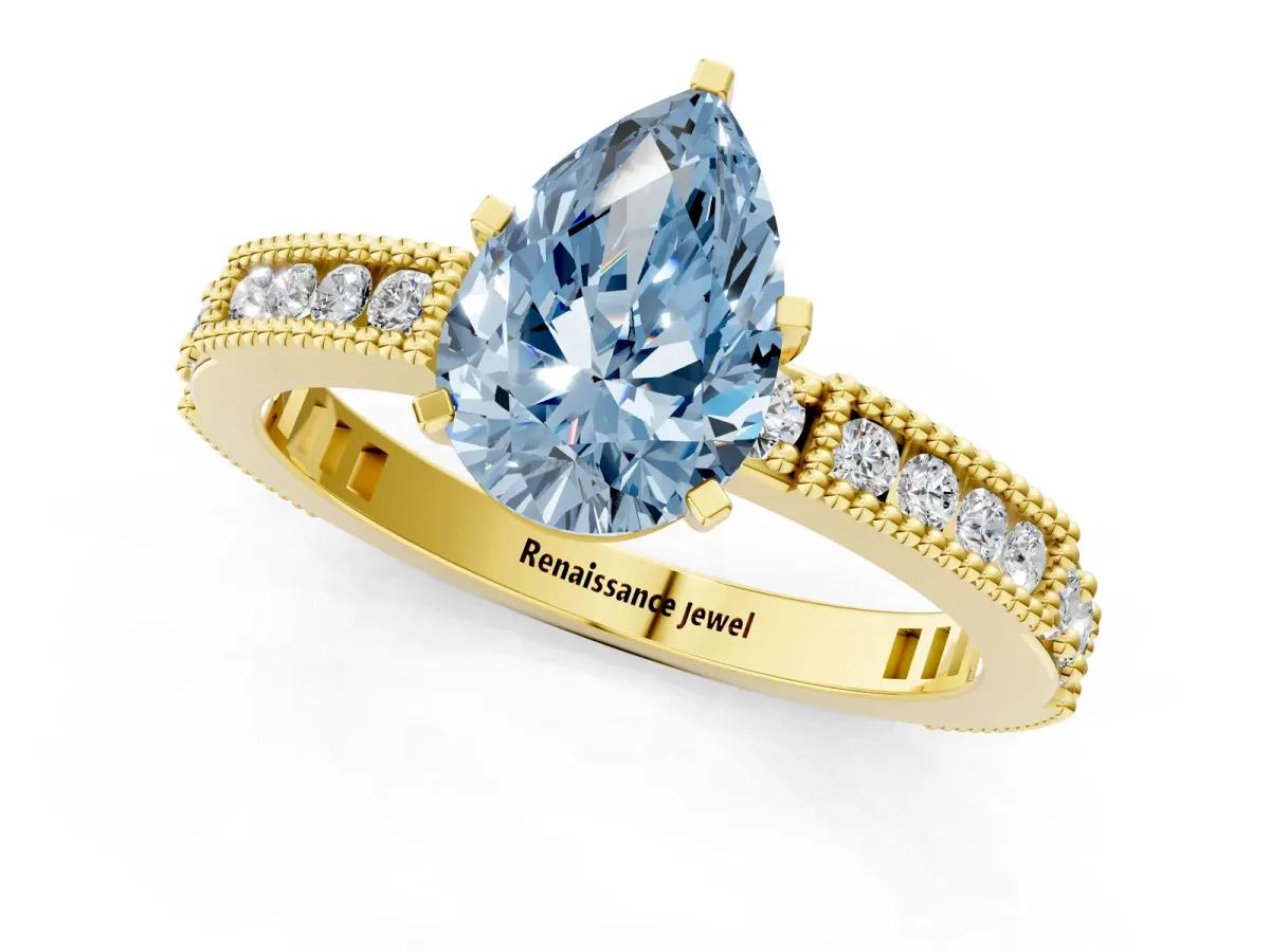 Fancy Blue Pear Cut Solitaire with Pavé Band and Four-Prong Setting Yellow gold