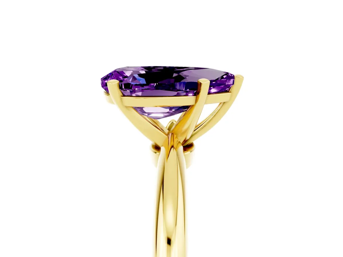 Pear Cut Amethyst Solitaire Ring with Six-Prong Setting and Classic Band Yellow gold
