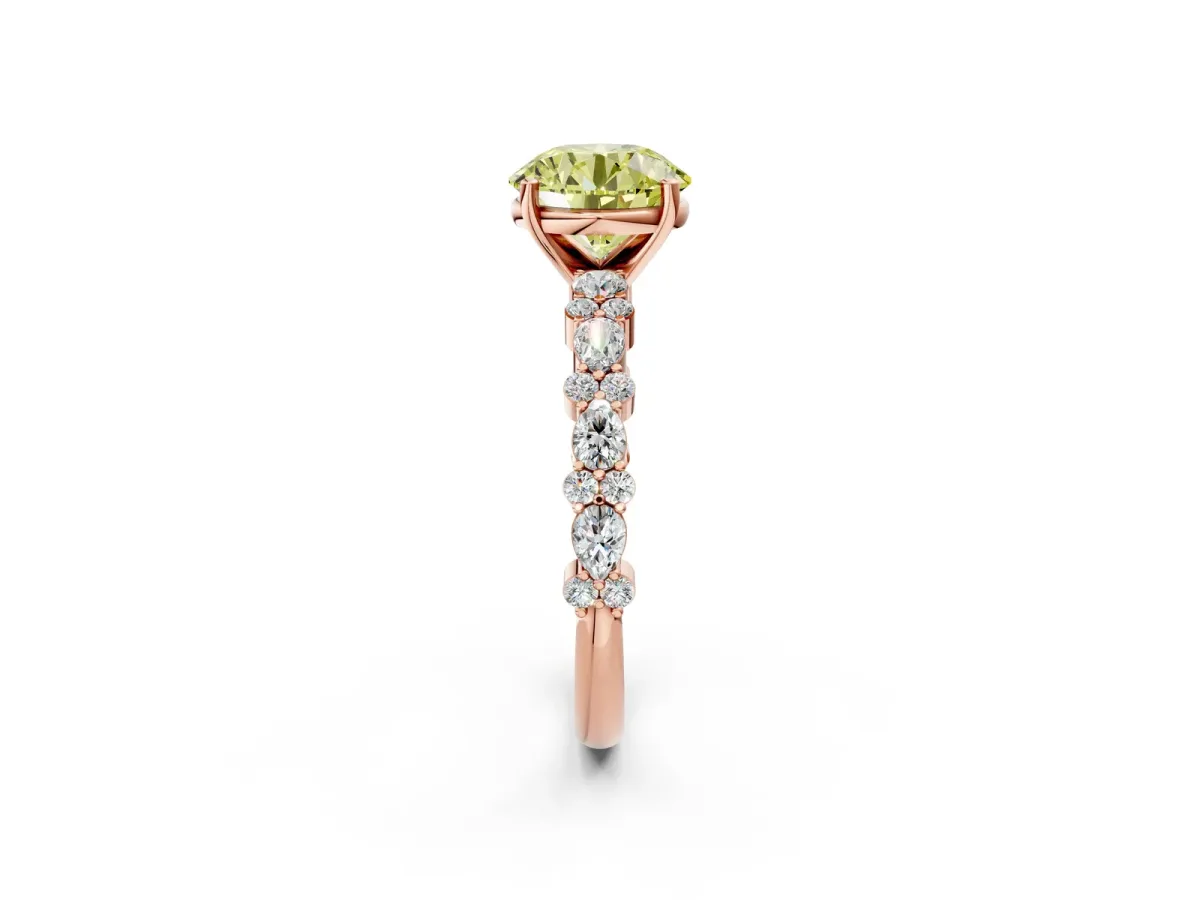 Fancy Yellow Round Cut Diamond Side Stone Solitaire Ring with Round and Four-Prong Setting Rose gold