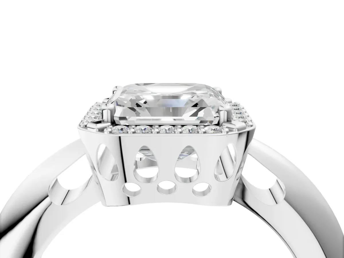 Asscher Cut Cut Diamond Halo Engagement Ring with Split Shank and Four-Prong Setting Platinum