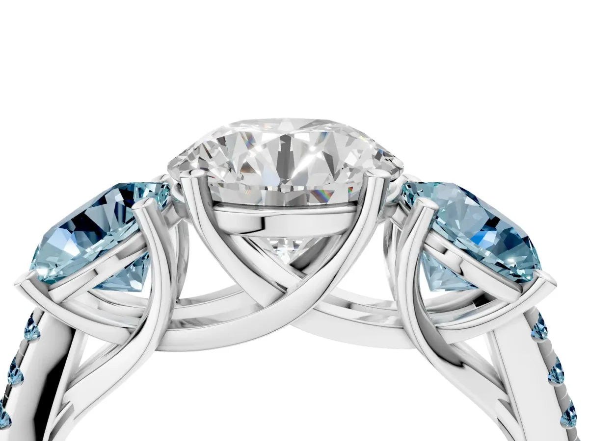 Three-Stone Round Cut Diamond Ring with Round Aquamarine Pavé Band and Prong Setting Silver