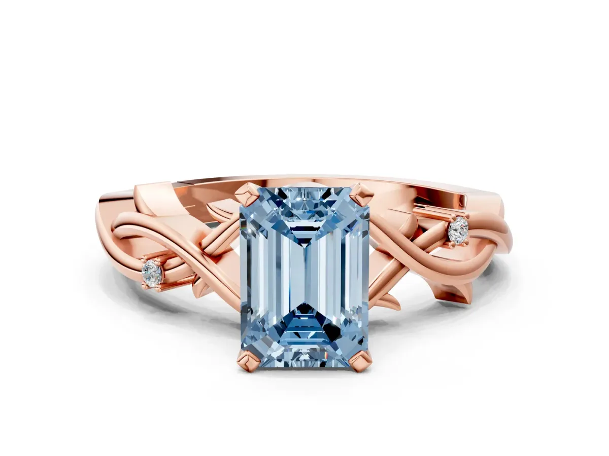 Fancy Blue Emerald Cut Diamond Solitaire Ring with Twisted Band and Prong Setting Rose gold