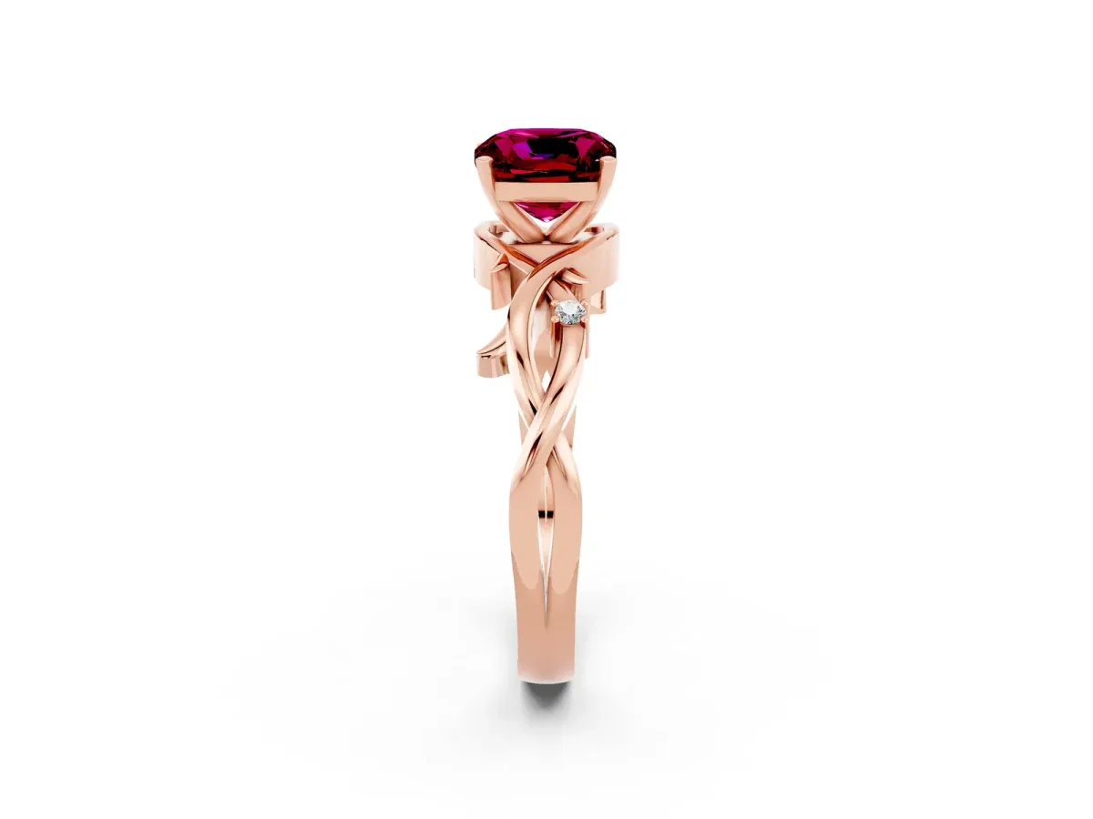 Cushion Cut Garnet Solitaire Ring with Twisted Band and Prong Setting Rose gold