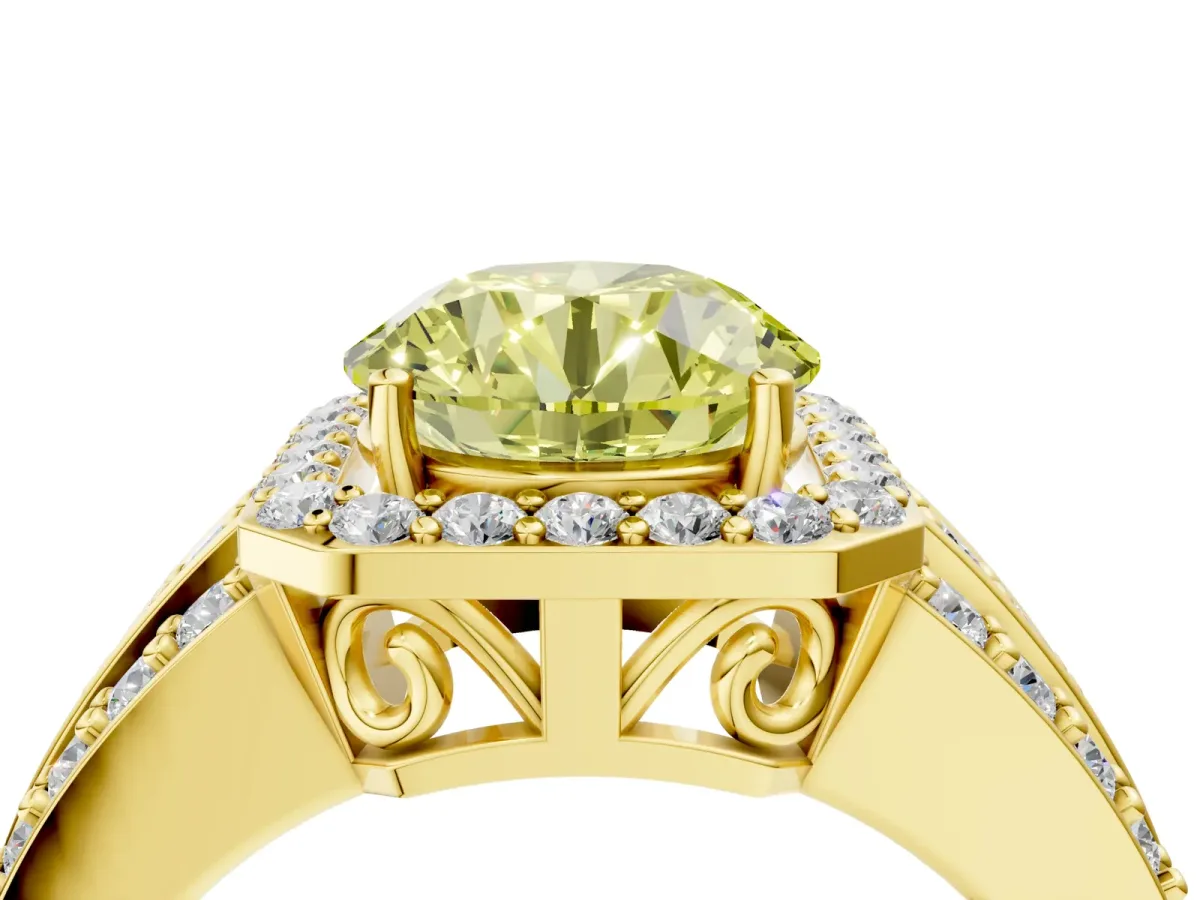 Fancy Yellow Round Cut Halo Diamond Ring with Round Split Shank and Prong Setting Yellow gold