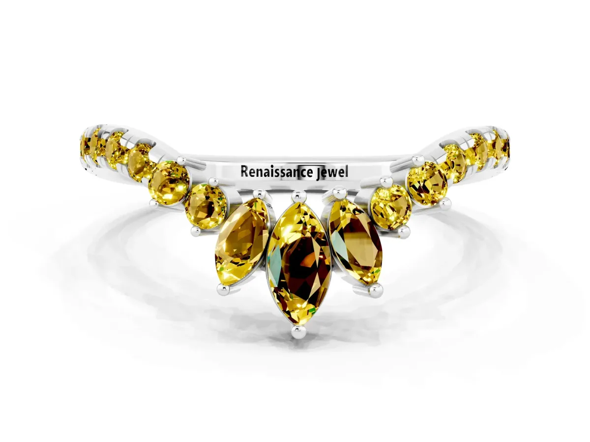 Chevron Marquise and Round Yellow Sapphire Open Band with Prong Setting Silver
