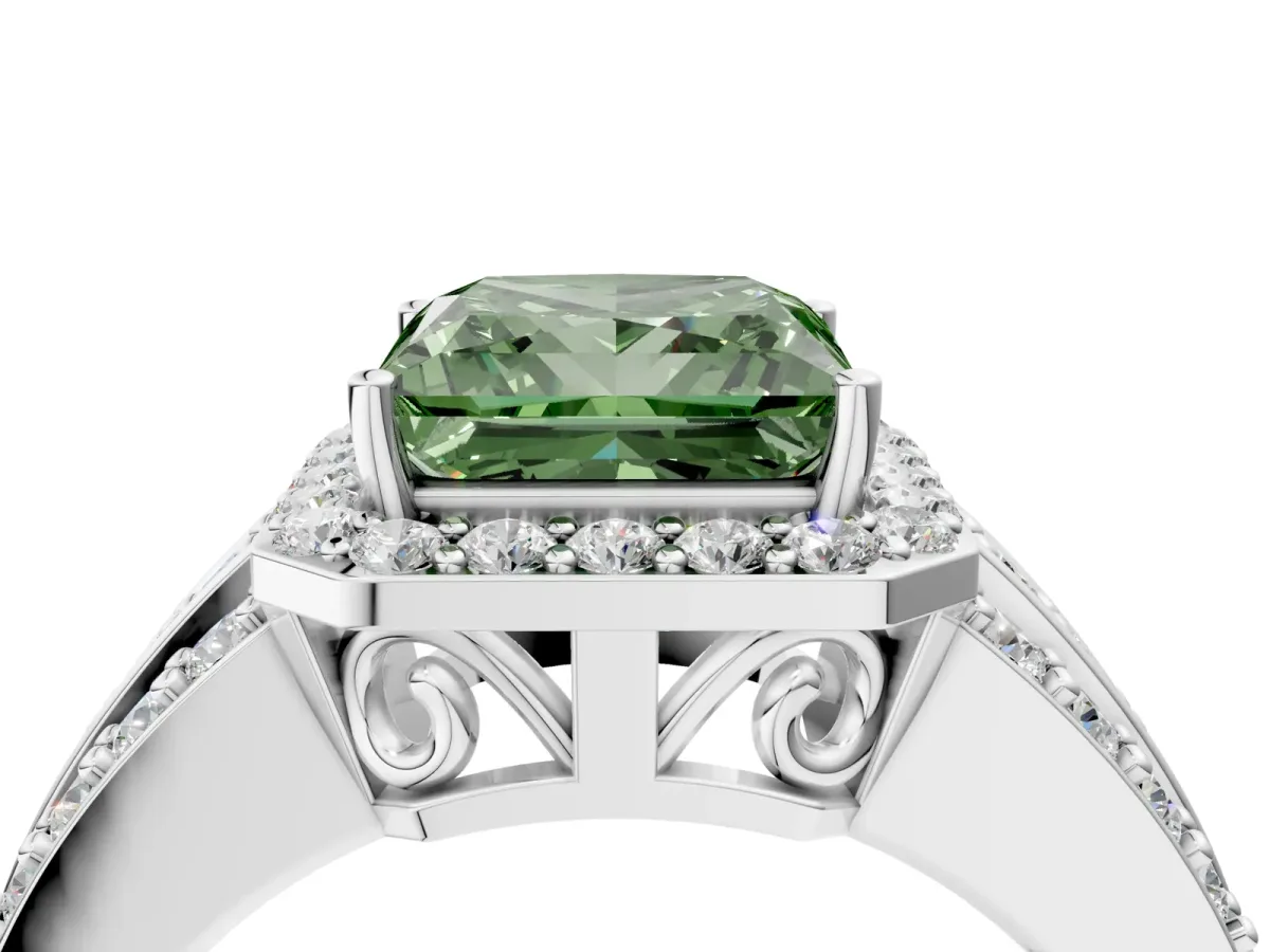 Fancy Green Princess Cut Halo Diamond Ring with Round Split Shank and Prong Setting Silver