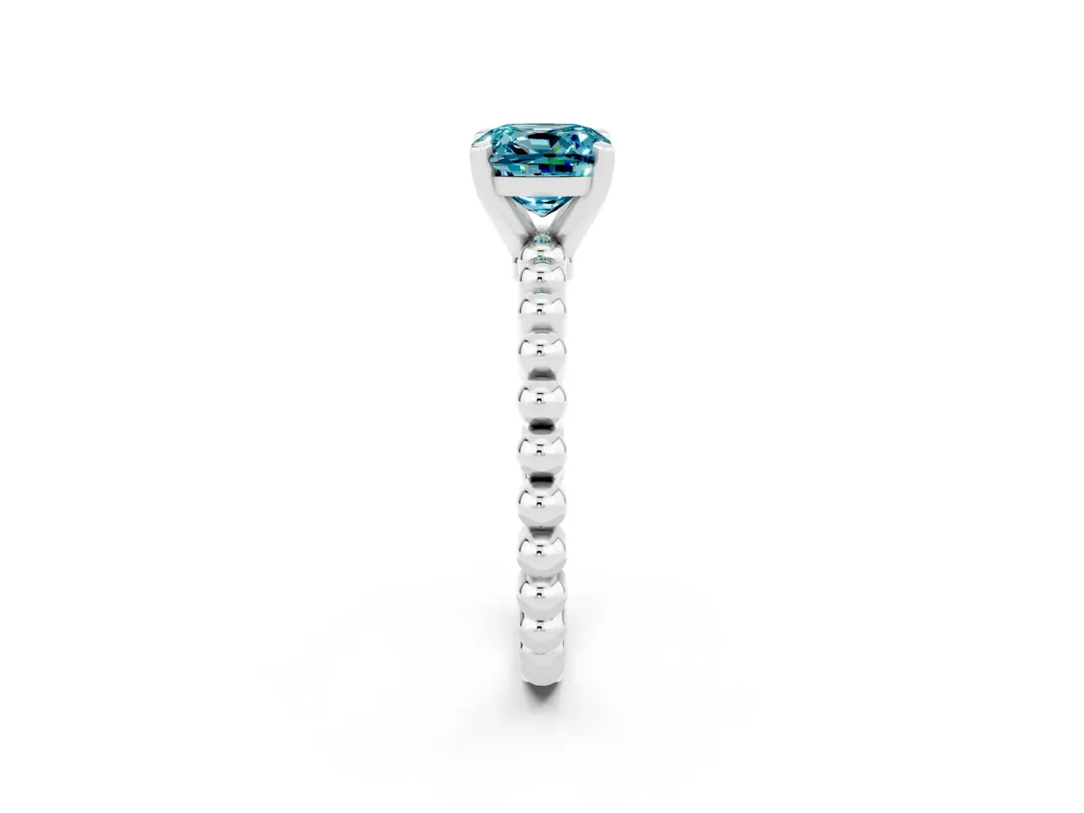 Cushion Cut Blue Topaz Solitaire Ring with Beaded Band and Prong Setting Silver