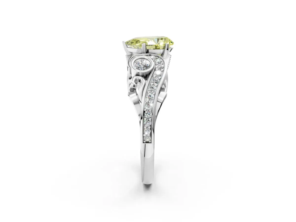 Fancy Yellow Pear Cut Diamond Solitaire Ring with Milgrain Pavé Band and Four-Prong Setting Silver