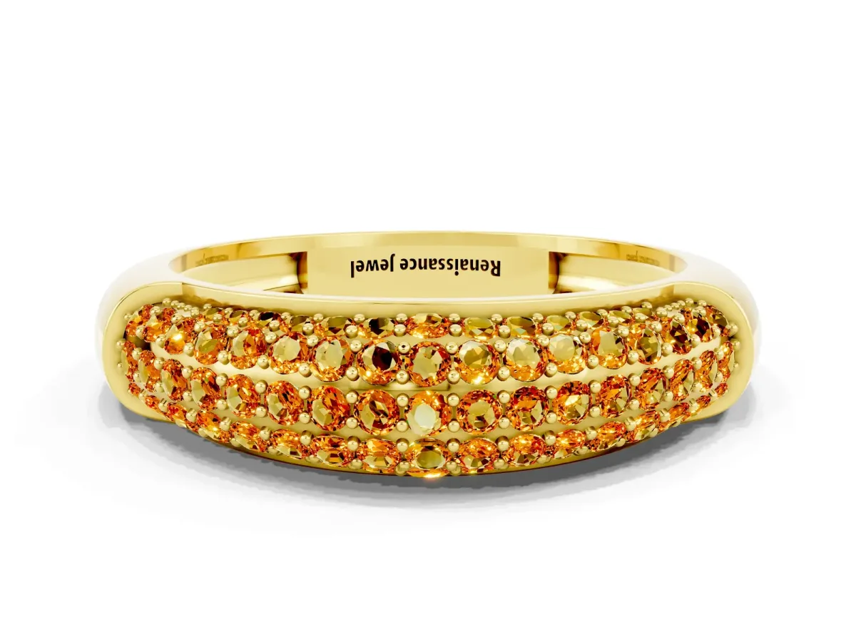 Three-Row Pavé Round Citrine Dome Band Yellow gold