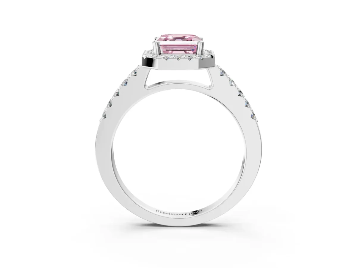 Fancy Pink Asscher Cut Halo Diamond Pavé Solitaire Ring Platinum