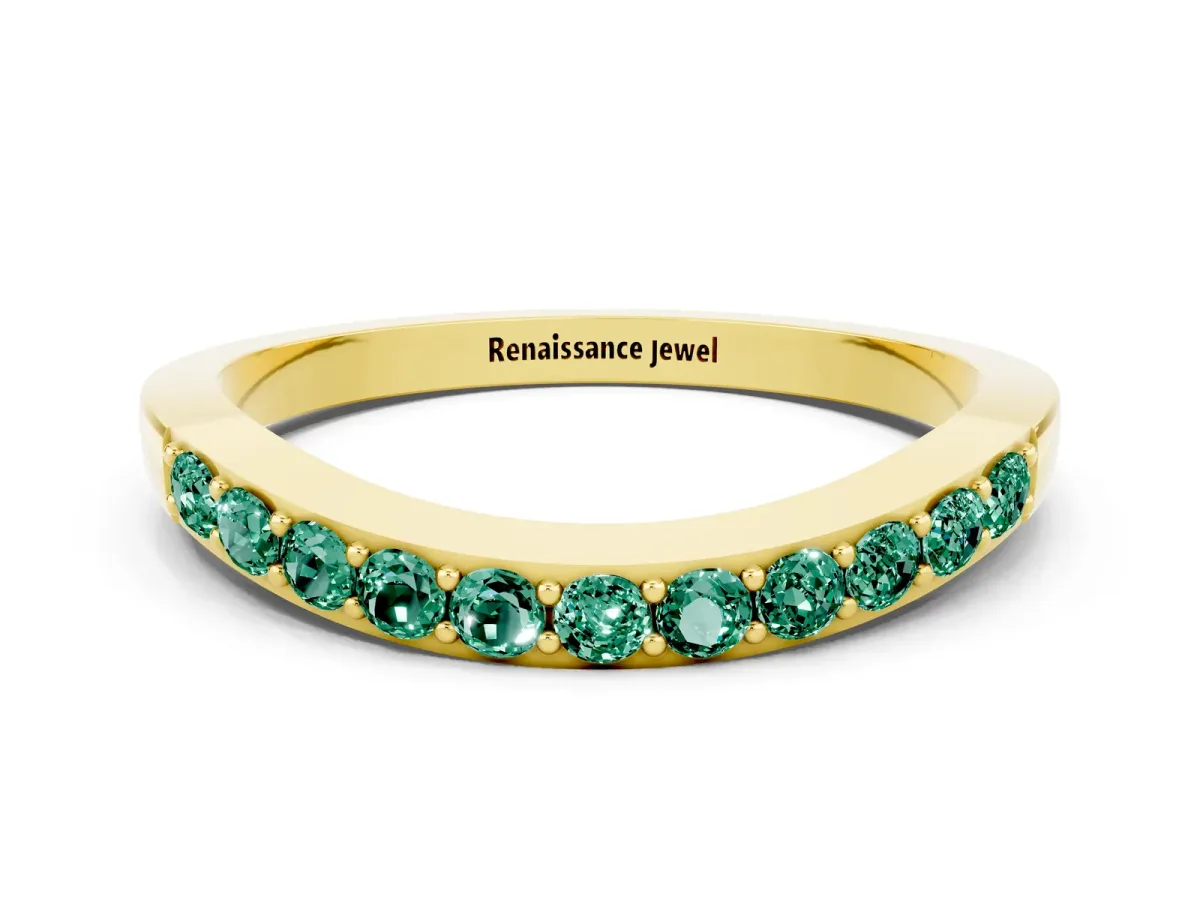 Round Green Sapphire Curved Wedding Band with Channel Setting Yellow gold