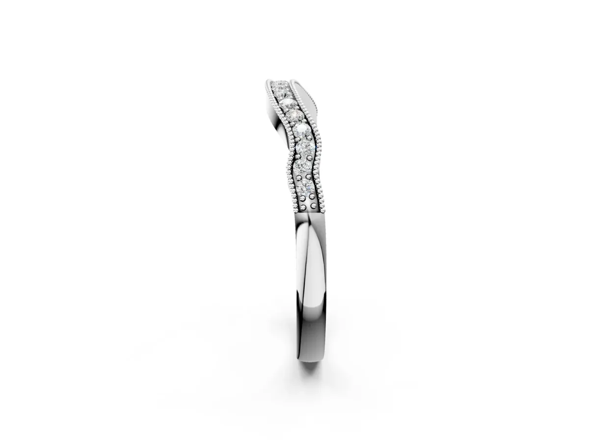 Curved Pavé Diamond Milgrain Band with Round Brilliant Stones Silver